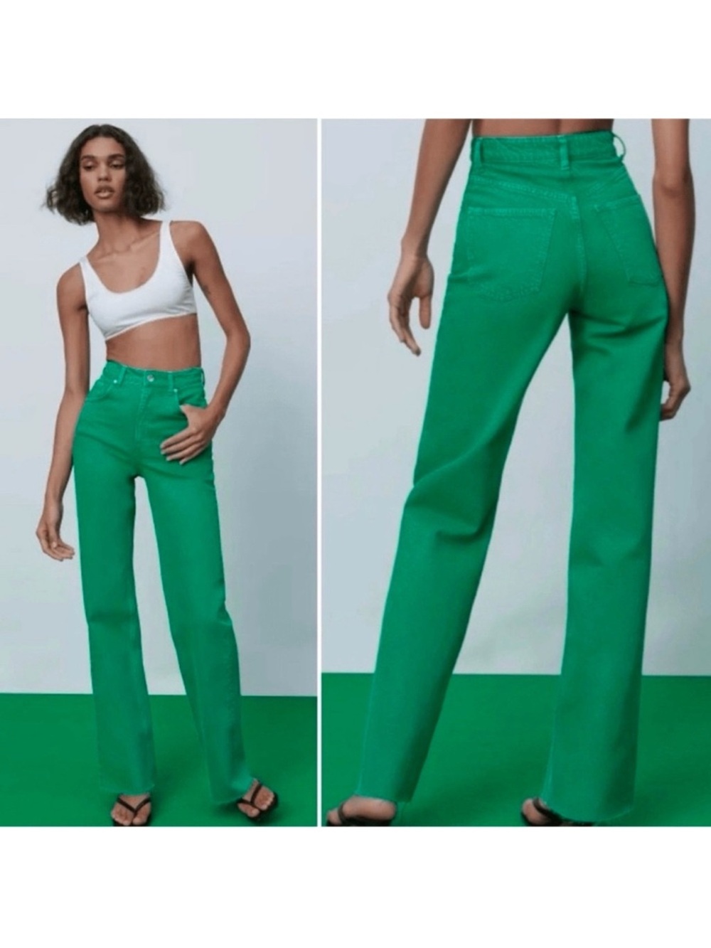 Zara High-Rise Wide Leg Jeans in Bright Green